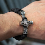 Men Viking Mjolnir Leather Bracelet