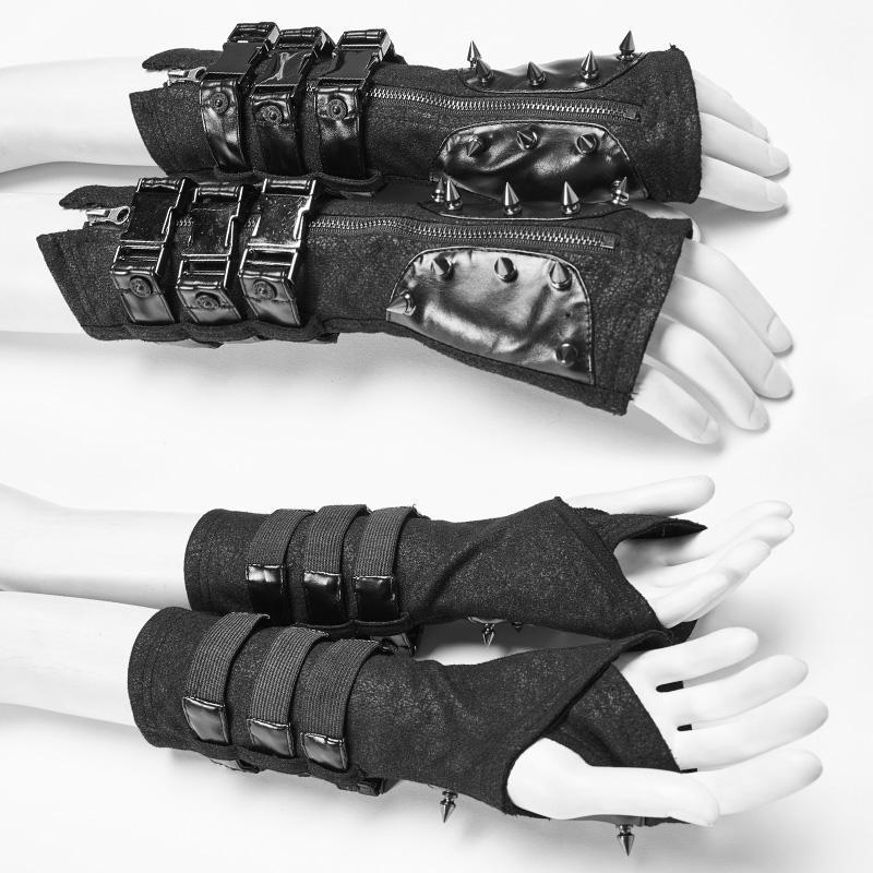 Goth Buckle Rivet Black Gloves