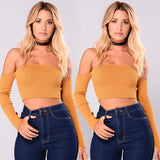 Sexy Crop Tops Slash Neck Long Sleeve