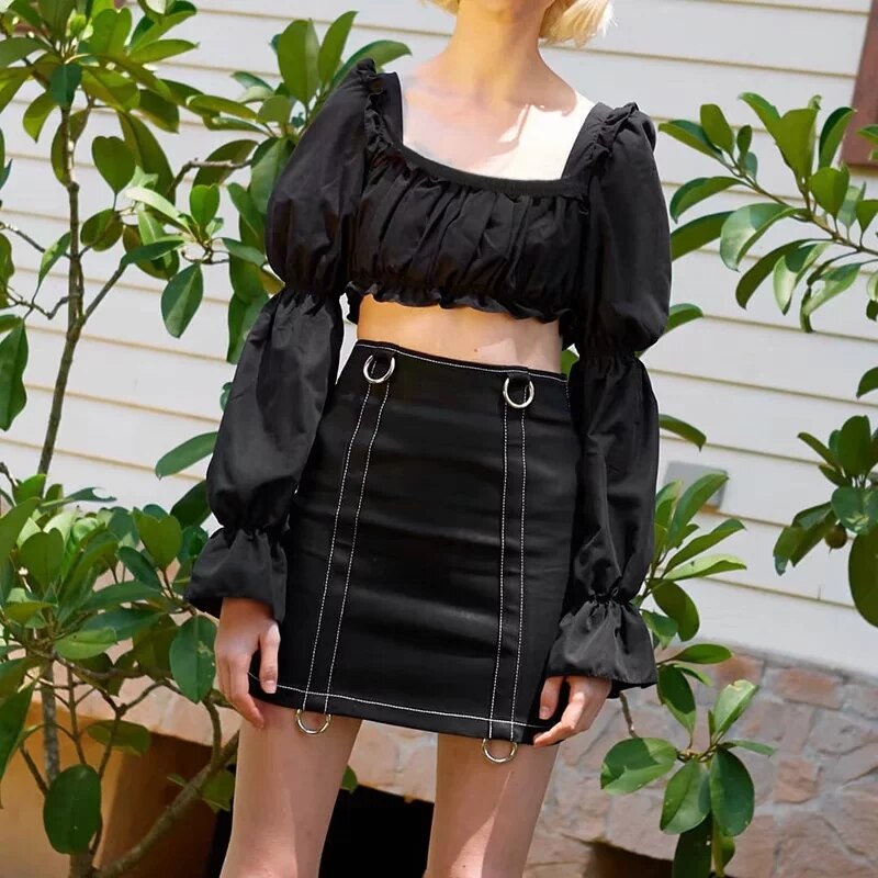 Square Neck Crop Top with Flare Sleeve