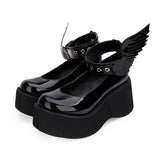 Thick Platform Black Leather Angle Wing Shoes