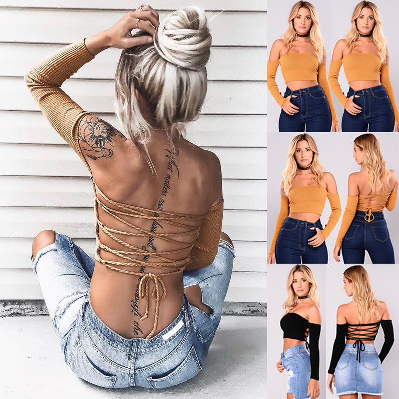 Sexy Crop Tops Slash Neck Long Sleeve