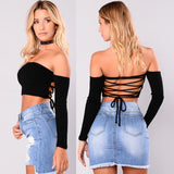 Sexy Crop Tops Slash Neck Long Sleeve