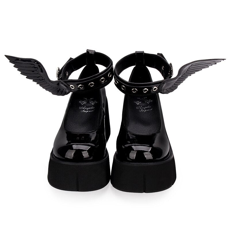 Thick Platform Black Leather Angle Wing Shoes