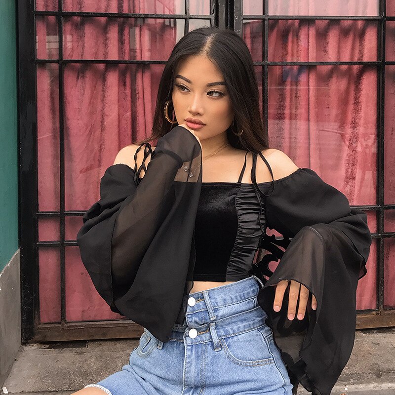 Shoulder Sexy Crop Top Long Sleeve