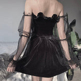 Sexy Gothic Velvet Mini Dress Mesh Puff Long Sleeve