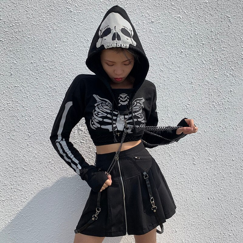 Crop Hooded Sweatshirts Skull Printed