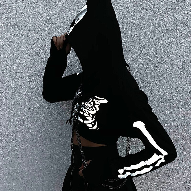 Crop Hooded Sweatshirts Skull Printed