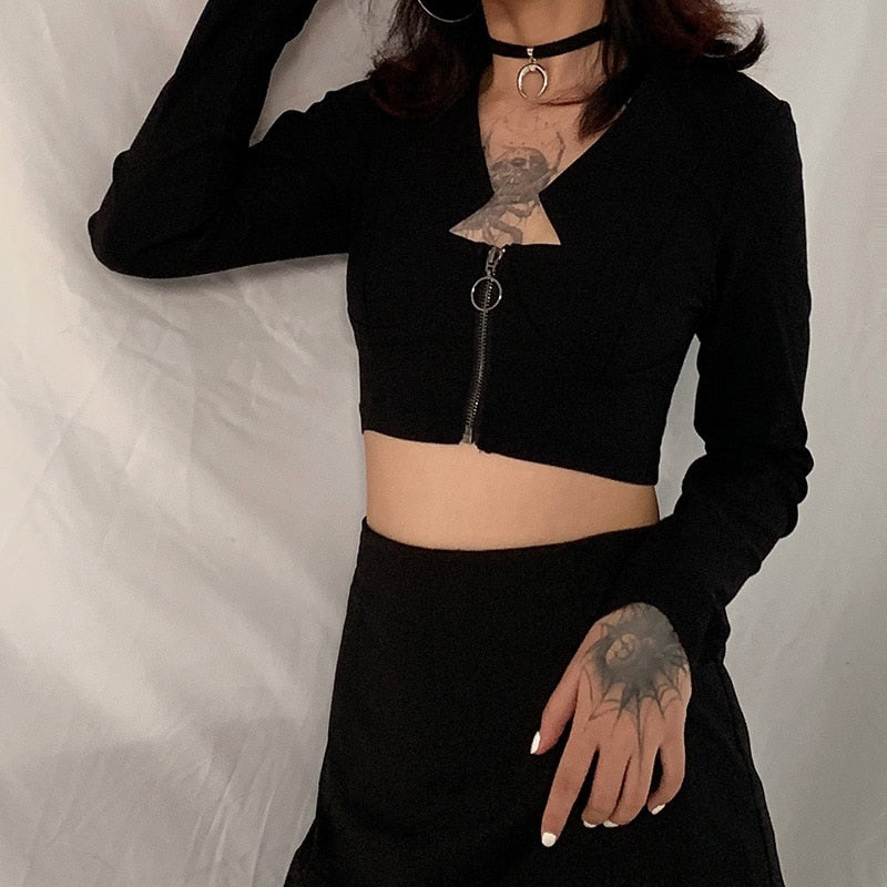 Casual Crop Tops Zipper Long Sleeve
