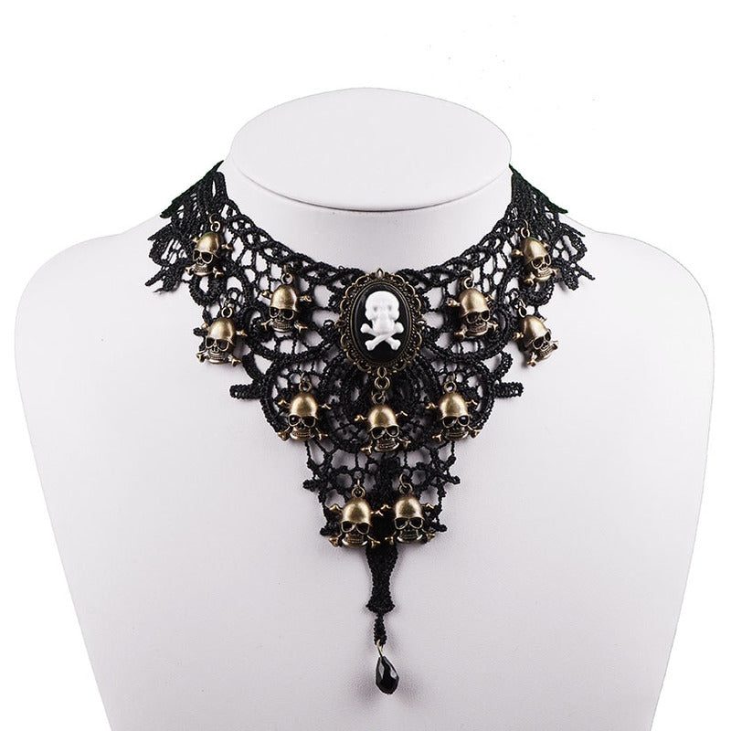 Gothic Choker Lace Skull Gold