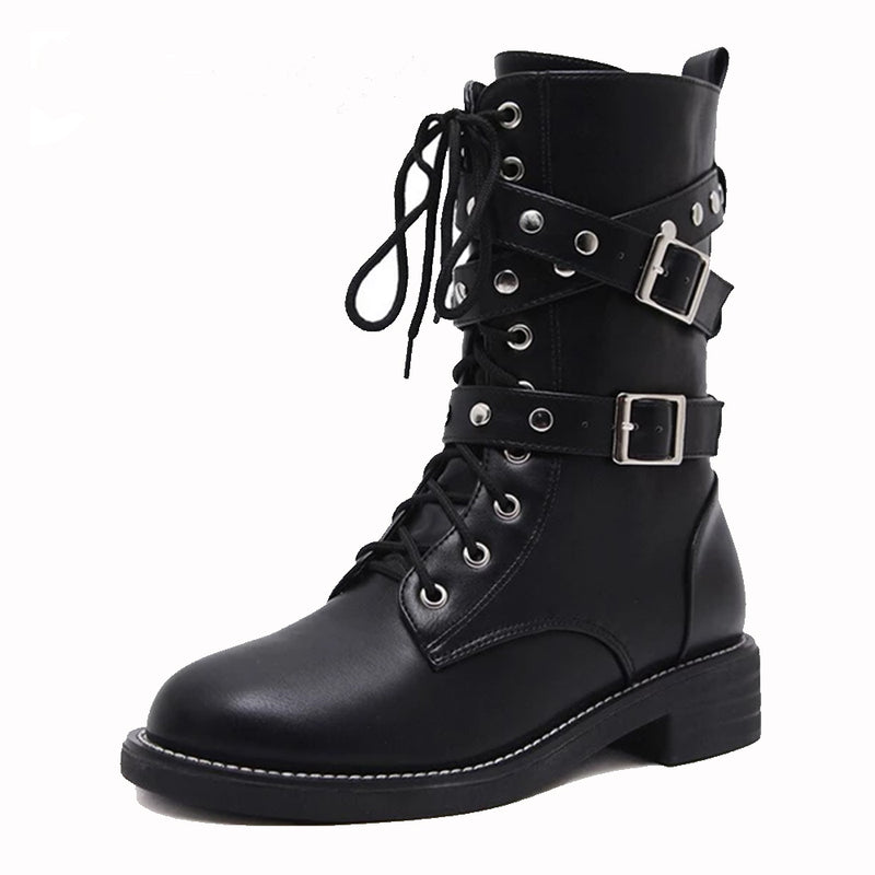 Lace-up Rivet Straps Mid-Calf Boots