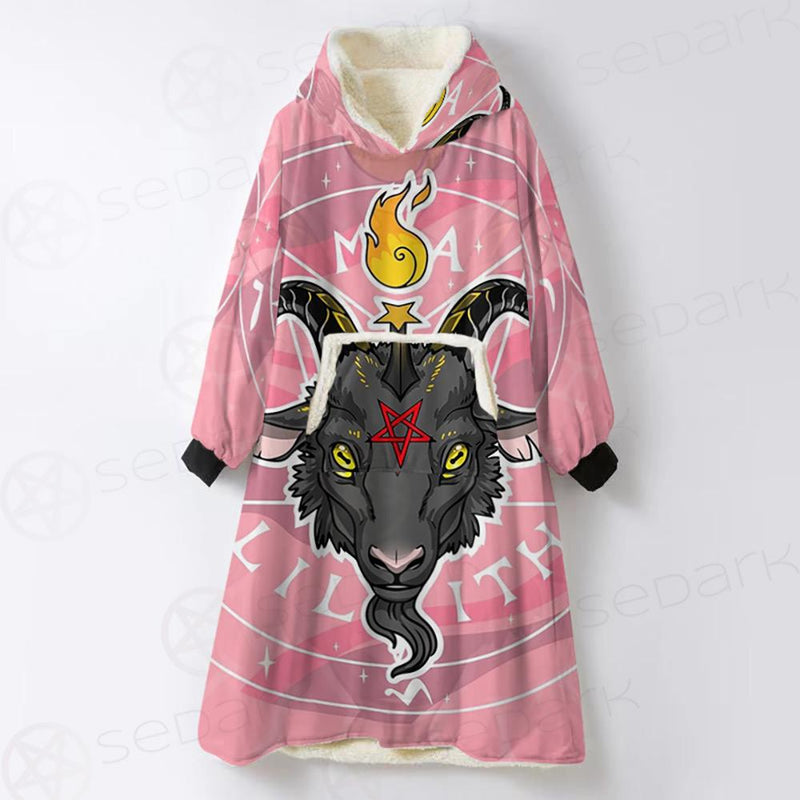 Baphomet Head In Pink Circle Oversized Sherpa Blanket Hoodie