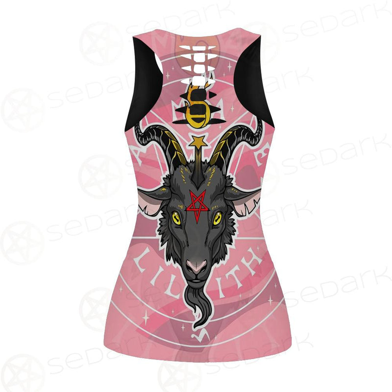 Baphomet Head In Pink Circle Hollow Out Tank Top