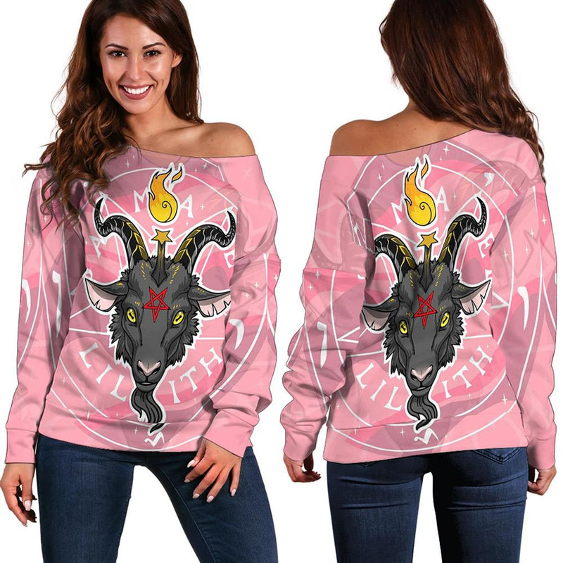 Baphomet Head In Pink Circle Off Shoulder Sweaters