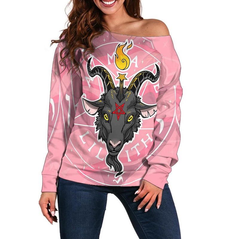 Baphomet Head In Pink Circle Off Shoulder Sweaters