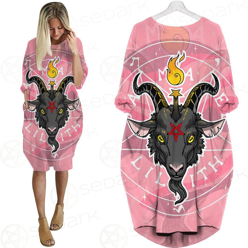 Baphomet Head In Pink Circle Batwing Pocket Dress