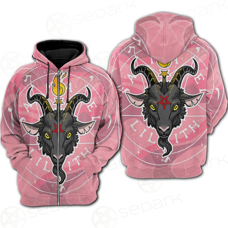 Baphomet Head In Pink Circle Hoodie Raglan Zip