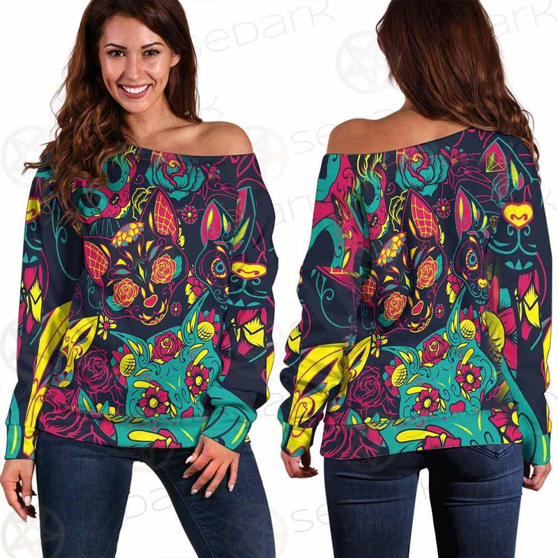 Cat Skull With Floral Ornament SDN-1046 Off Shoulder Sweaters