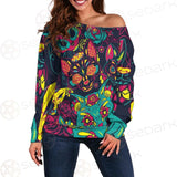Cat Skull With Floral Ornament SDN-1046 Off Shoulder Sweaters