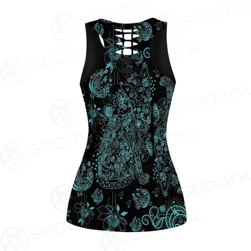 Black Sphynx Cat Tattoo Pattern Hollow Out Tank Top