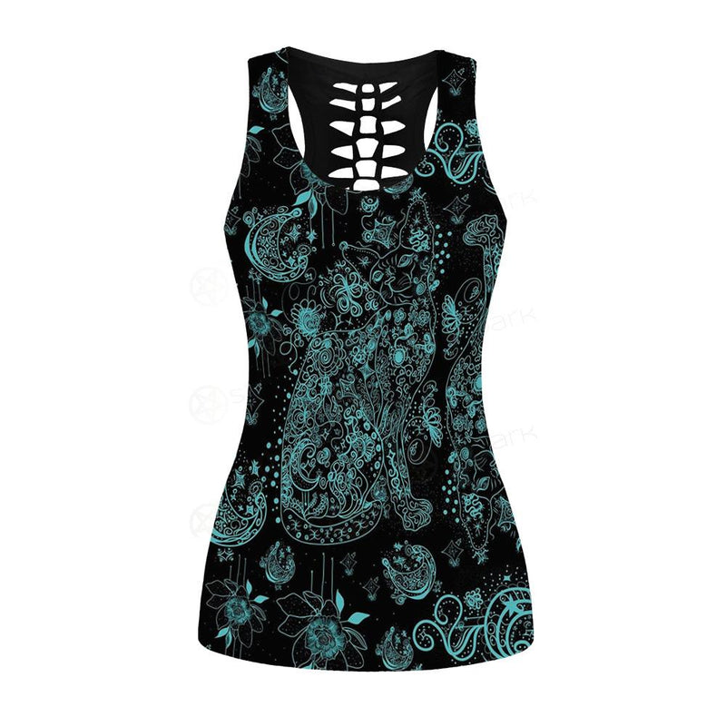 Black Sphynx Cat Tattoo Pattern Hollow Out Tank Top