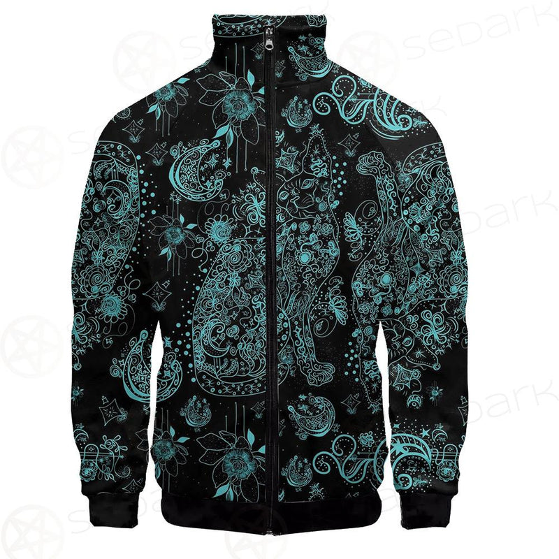 Black Sphynx Cat Tattoo Pattern Stand-up Collar Jacket