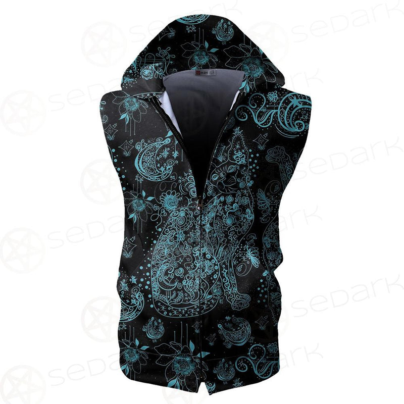 Black Sphynx Cat Tattoo Pattern Zip Sleeveless Hoodie