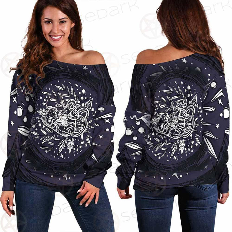 Mystical Cat Skeleton Lies In The Grass SDN-1050 Off Shoulder Sweaters
