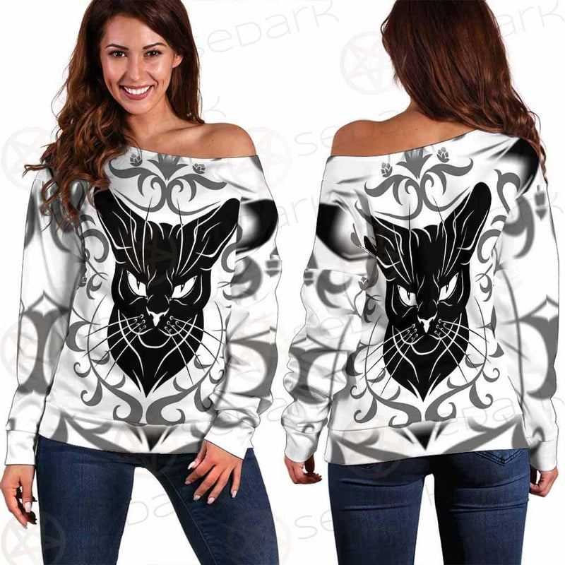 Black Cat Face With Floral Elements. SDN-1054 Off Shoulder Sweaters