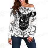 Black Cat Face With Floral Elements. SDN-1054 Off Shoulder Sweaters
