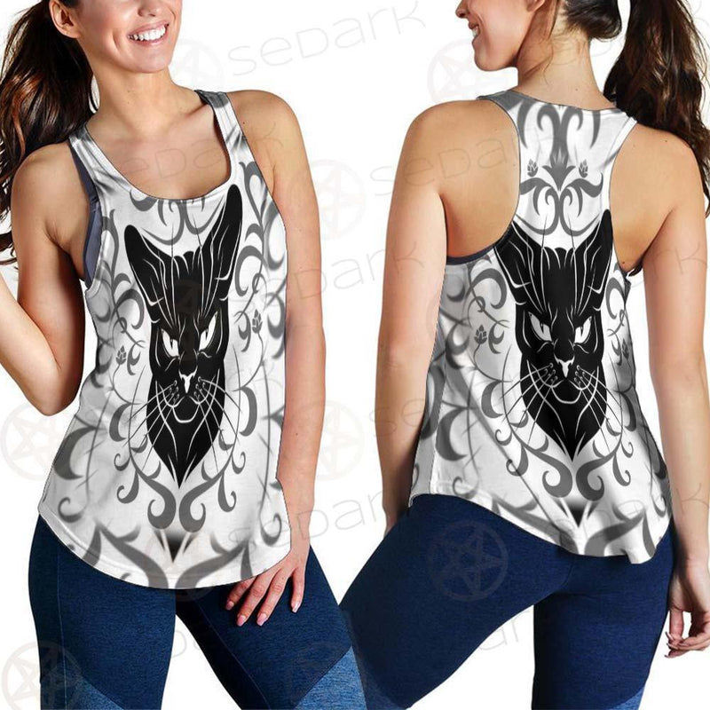 Black Cat Face With Floral Elements. SDN-1054 Women Tank Top