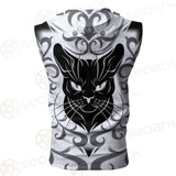 Black Cat Face With Floral Elements. SDN-1054 Zip Sleeveless Hoodie