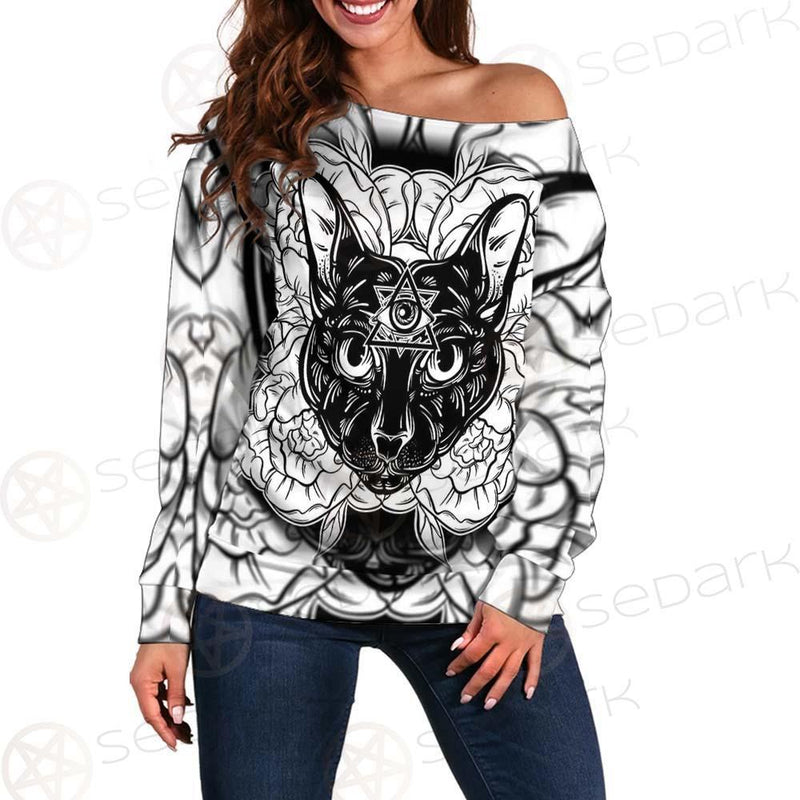 Ustration Of Cat With Flowers SDN-1057 Off Shoulder Sweaters