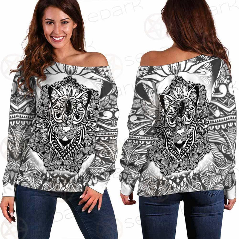 Cat Mystic And Mandala Tattoo SDN-1065 Off Shoulder Sweaters
