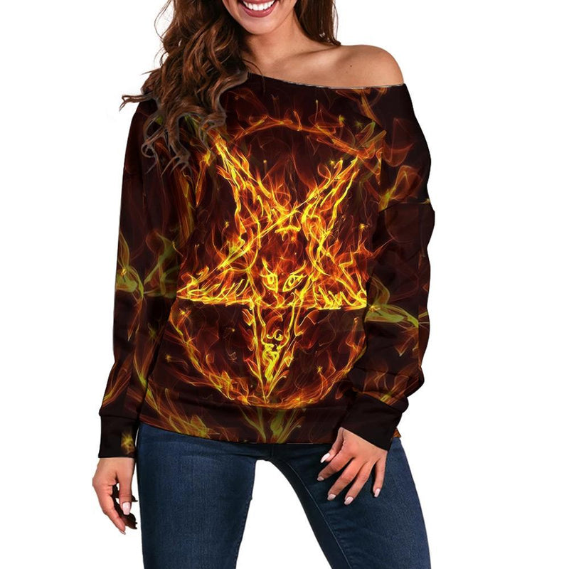 Satanic Fire Pentagram Off Shoulder Sweaters