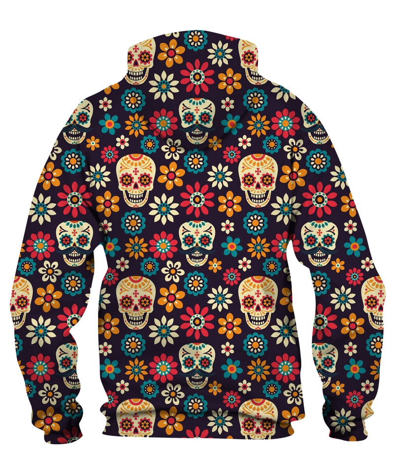 Sugar Skulls And Flowers On Dark Zip Hoodie