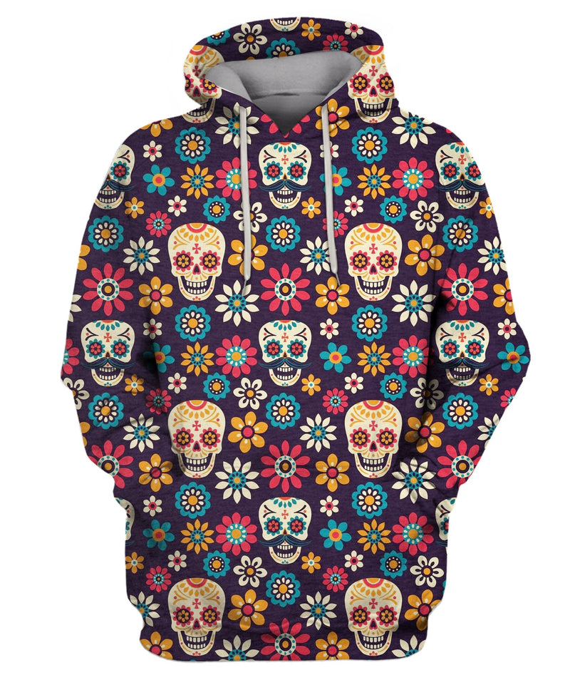 Sugar Skulls And Flowers On Dark Hoodie
