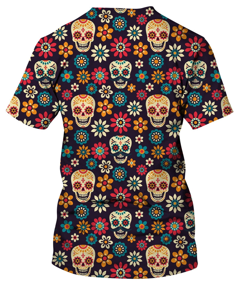 Sugar Skulls And Flowers On Dark T-Shirt