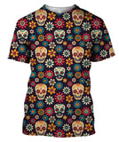 Sugar Skulls And Flowers On Dark T-Shirt