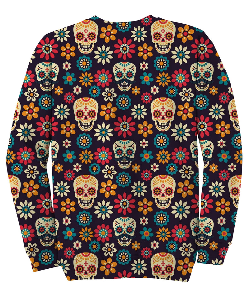Sugar Skulls And Flowers On Dark Sweatshirt