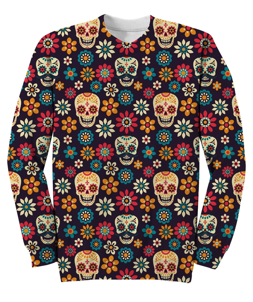 Sugar Skulls And Flowers On Dark Sweatshirt