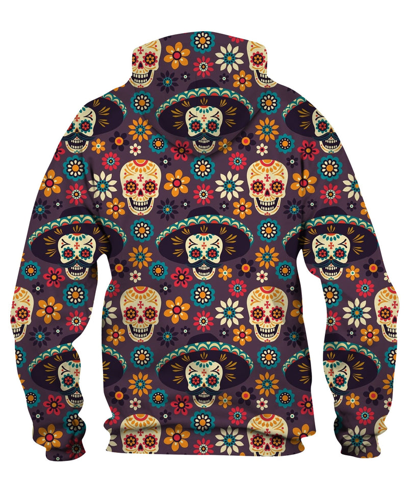 Sugar Skulls And Flowers On Dark Zip Hoodie