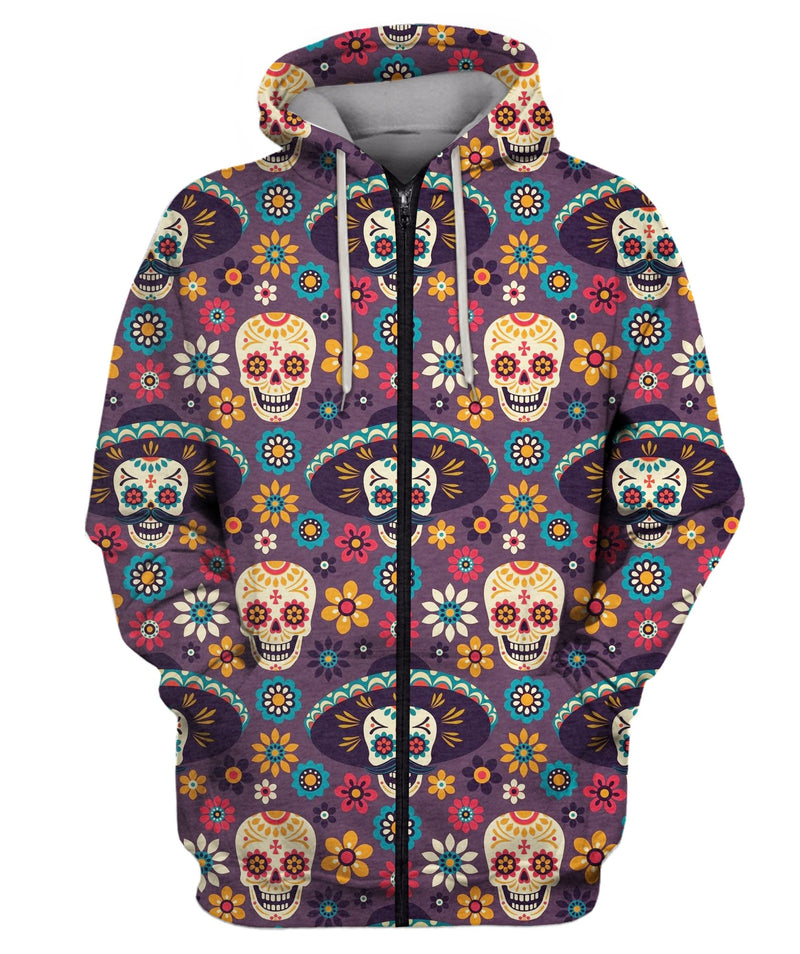 Sugar Skulls And Flowers On Dark Zip Hoodie