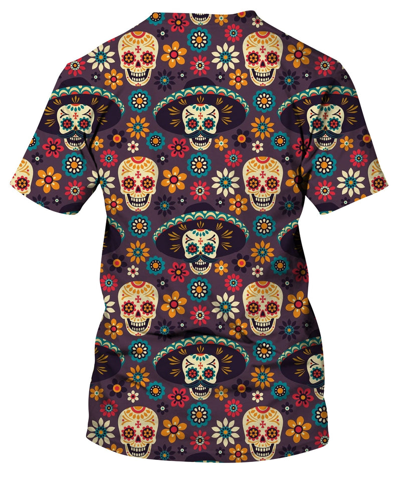 Sugar Skulls And Flowers On Dark T-Shirt