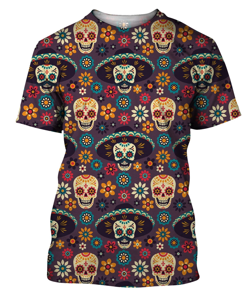 Sugar Skulls And Flowers On Dark T-Shirt