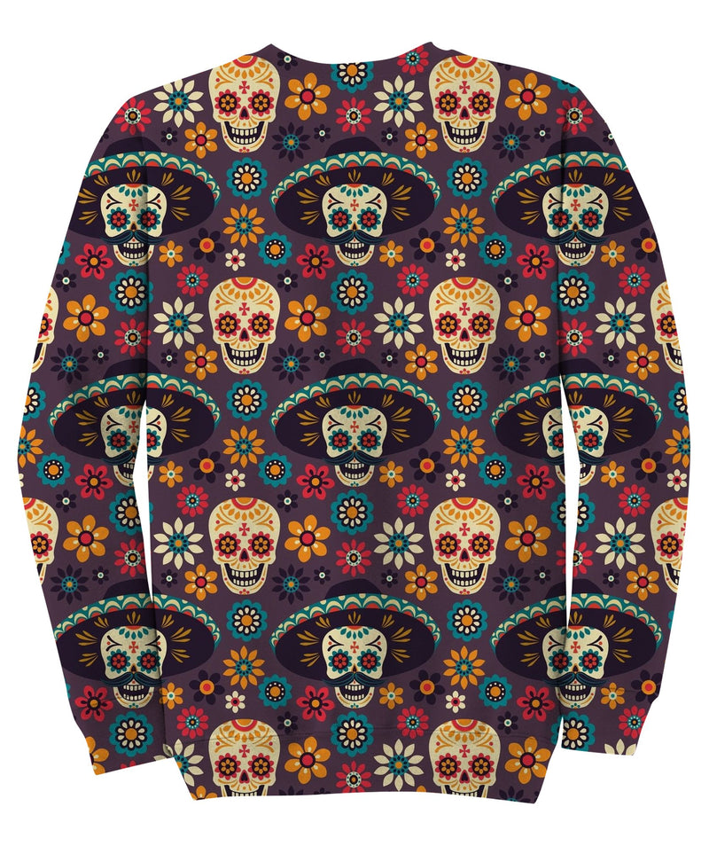 Sugar Skulls And Flowers On Dark Sweatshirt
