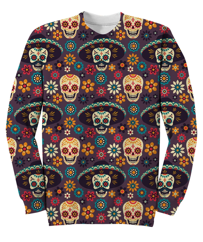 Sugar Skulls And Flowers On Dark Sweatshirt