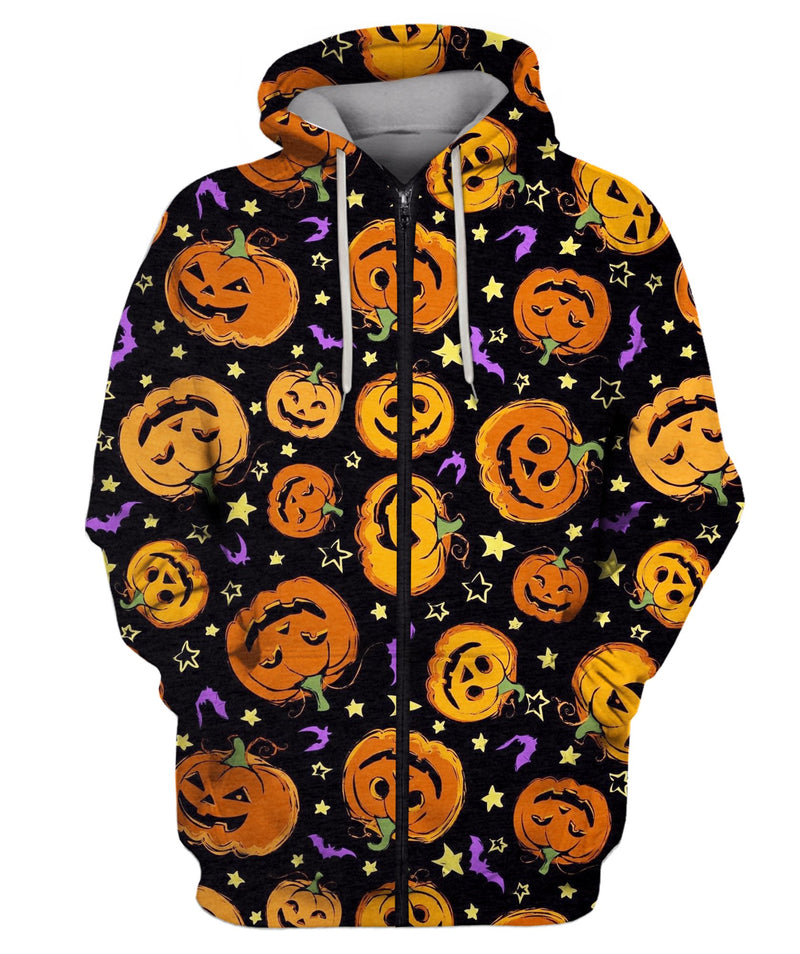 Jack Orange Lantern Drawn With Carved Faces Zip Hoodie
