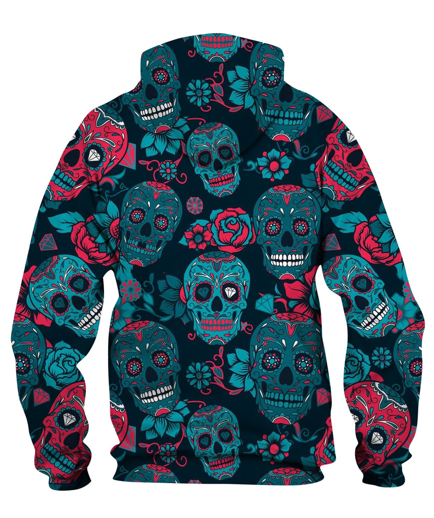 Skull With Floral Ornament And Flower Zip Hoodie