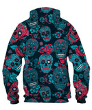 Skull With Floral Ornament And Flower Zip Hoodie